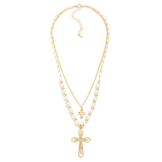 Layered Pearl Cross Necklace