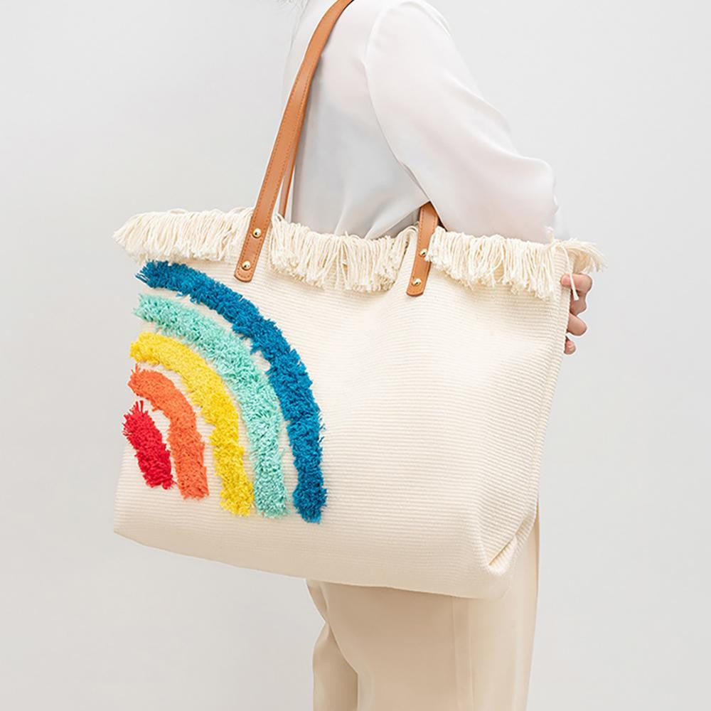 Pot Of Gold-Woven Straw Rainbow Embroidered Tote Bag