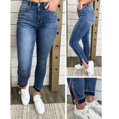 Kelsey Released Hem Side Slit Skinny Denim-Judy Blue