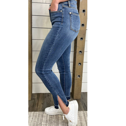 Stretch fabric denim — high-rise and side slits, Kelsey Released Hem Side Slit Skinny Denim-Judy Blue