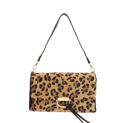 A leopard print crossbody and shoulder bag with gold hardware, featuring a fold over flap with snap closure and a removable chain strap.