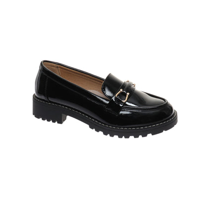 A black, shiny vegan leather loafer with a chunky sole and a gold/black chain overlay on a white background.