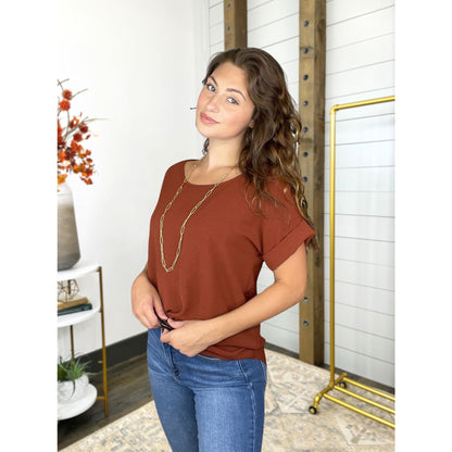 Short Permanent Rolled Sleeve Scoop Neck Blouse
