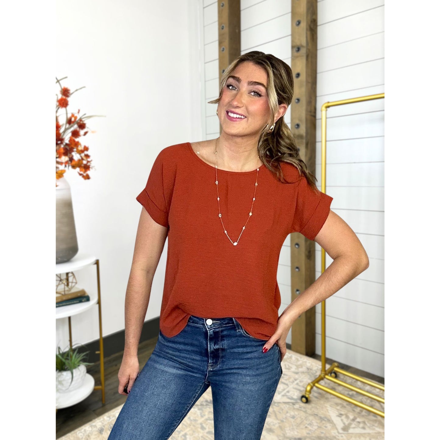 Short Permanent Rolled Sleeve Scoop Neck Blouse