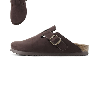 Brown suede clog shoe with a buckle on a white background