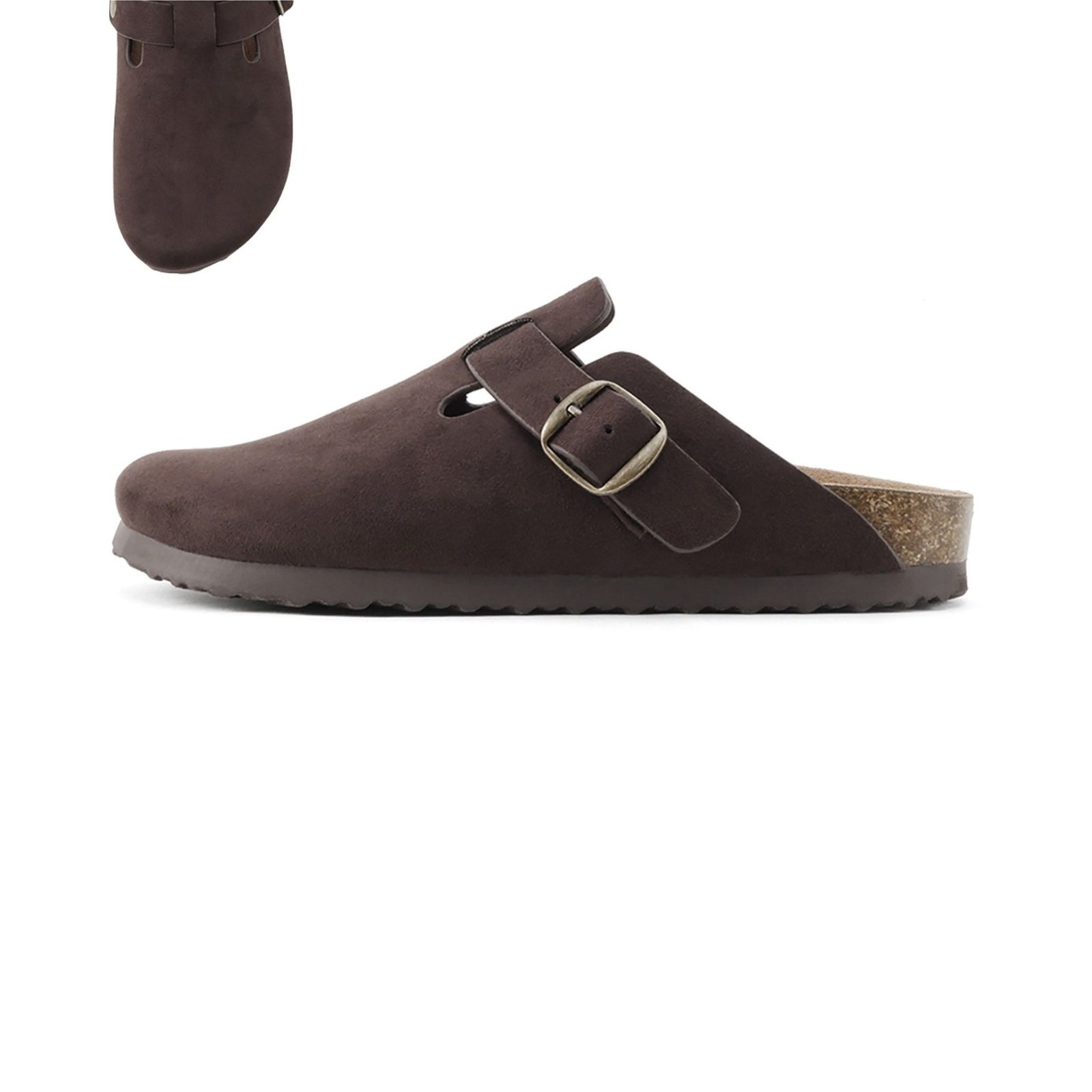 Brown suede clog shoe with a buckle on a white background