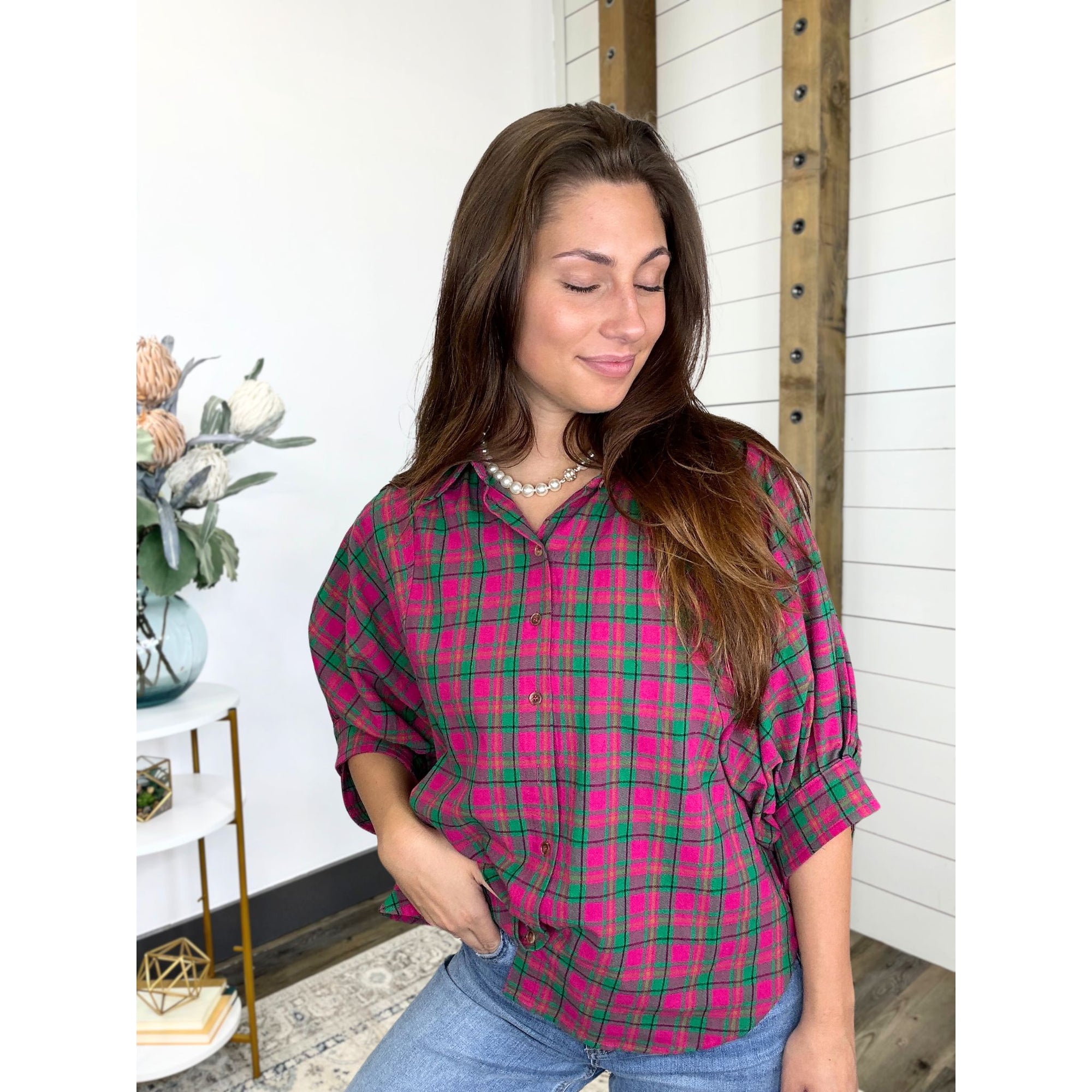 Keeping Secrets Oversize Plaid Button Down Top