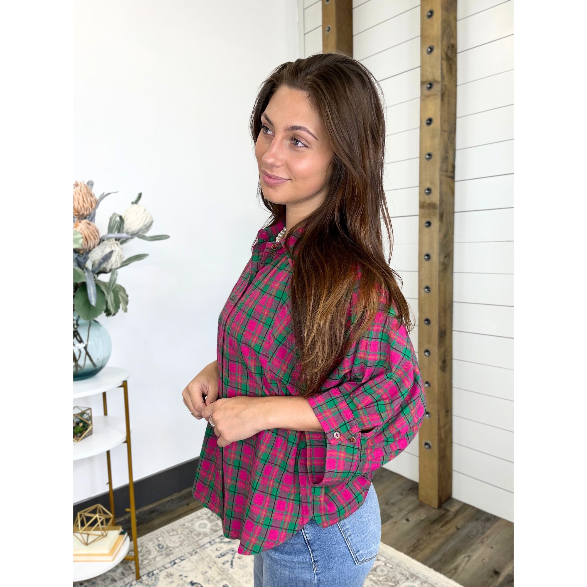 Keeping Secrets Oversize Plaid Button Down Top