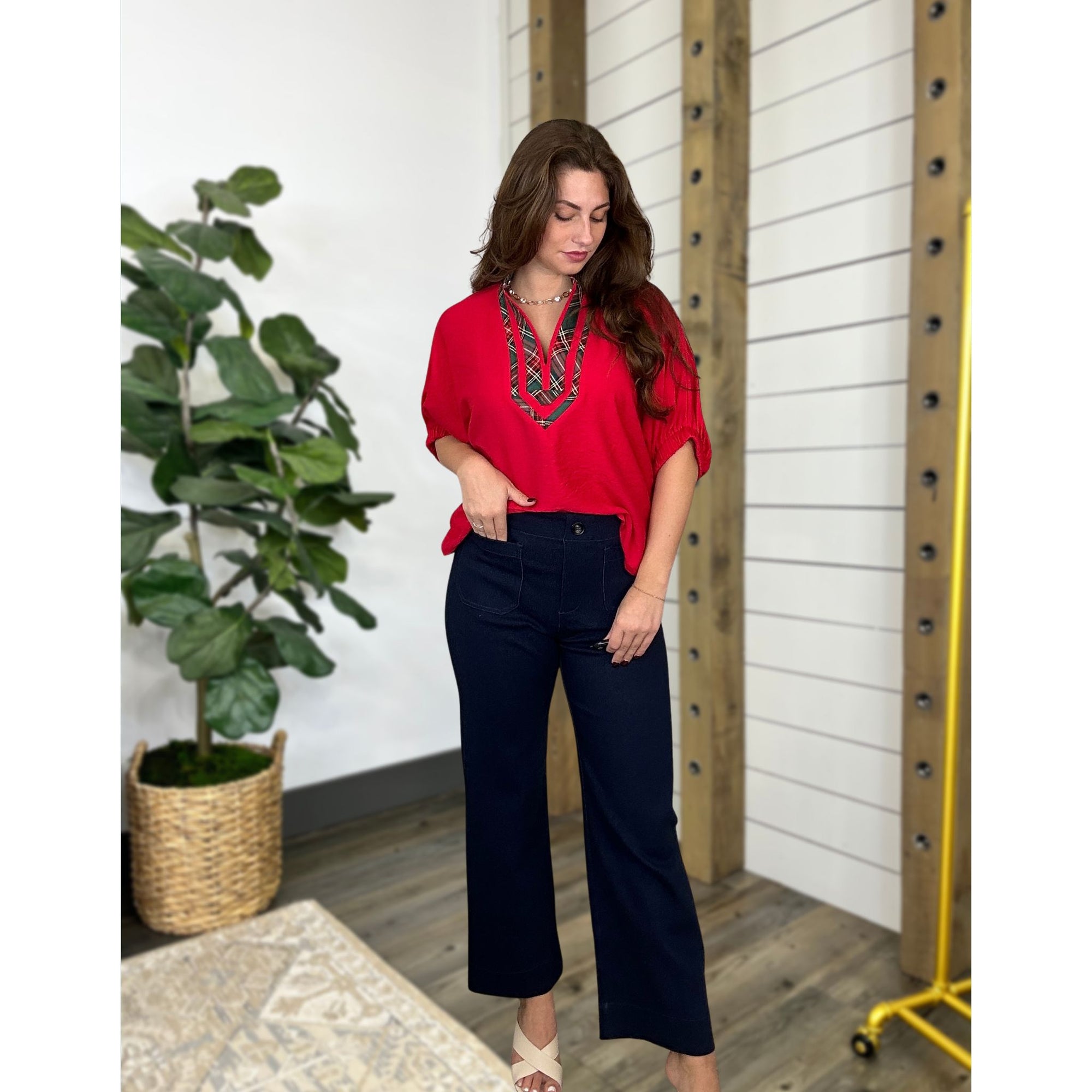 Center Of Attention Plaid Pop Top