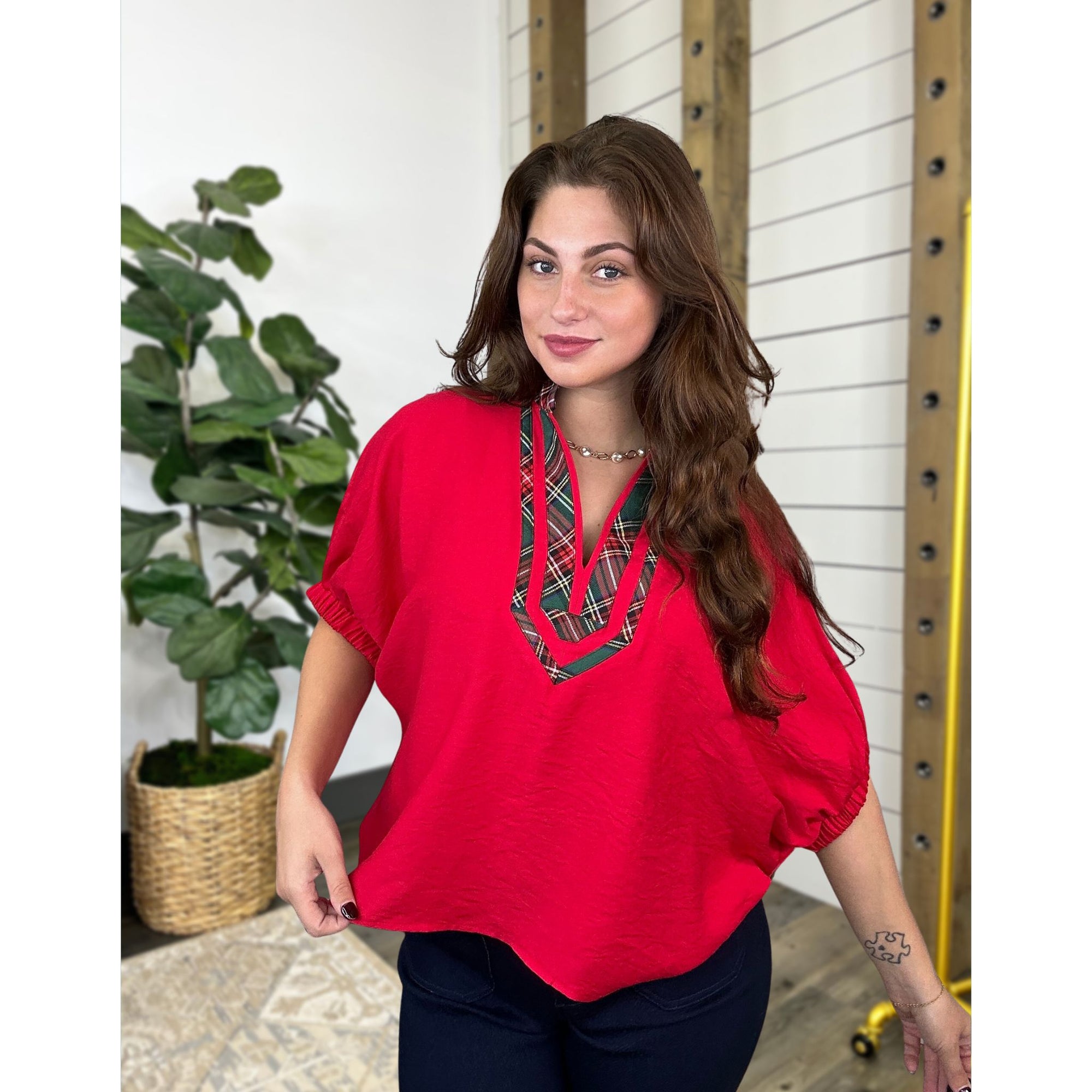 Center Of Attention Plaid Pop Top