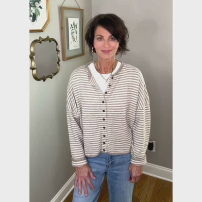 Raw Edge Striped Button-Down Sweater