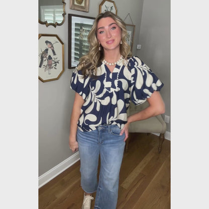 Navy Whisper Floral Slit Neck Blouse
