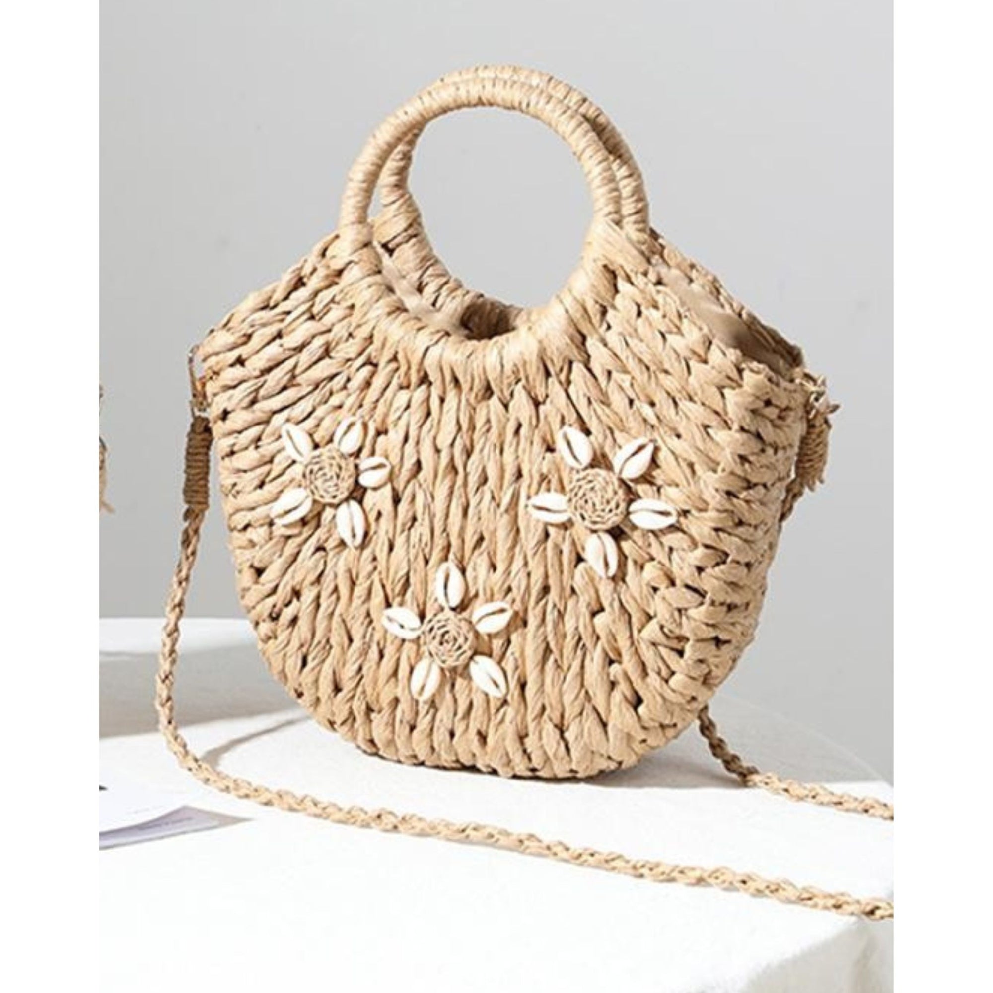 Woven Straw Tote Cross Body Bag with Cowrie Shell Flower Accents