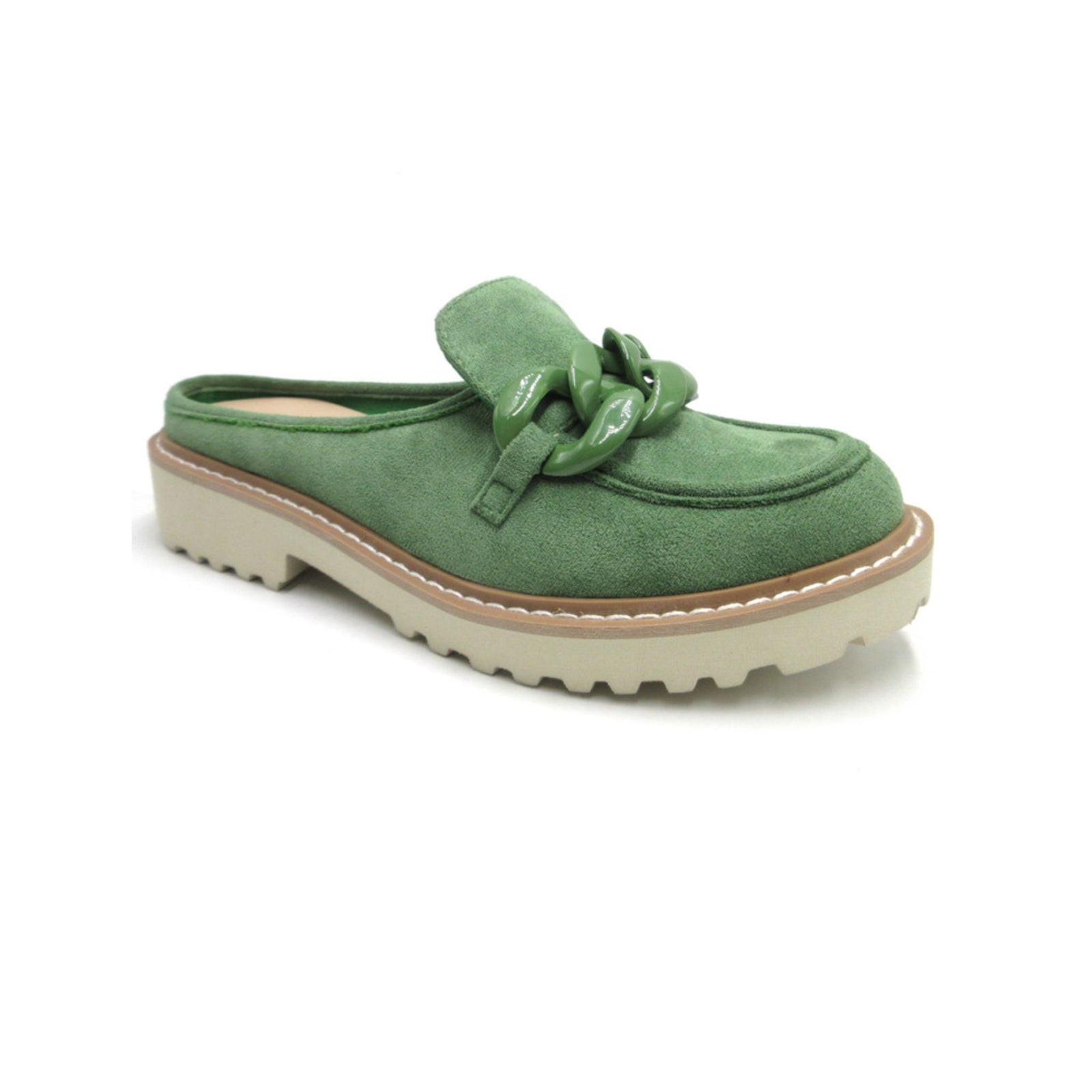 A green slip-on loafer with a chain embellishment on the top, featuring a suede upper and a rubber lug sole.