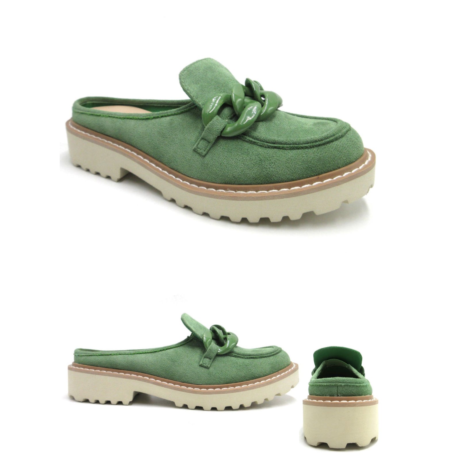 A green slip-on loafer with a chain embellishment on the top, featuring a suede upper and a rubber lug sole.