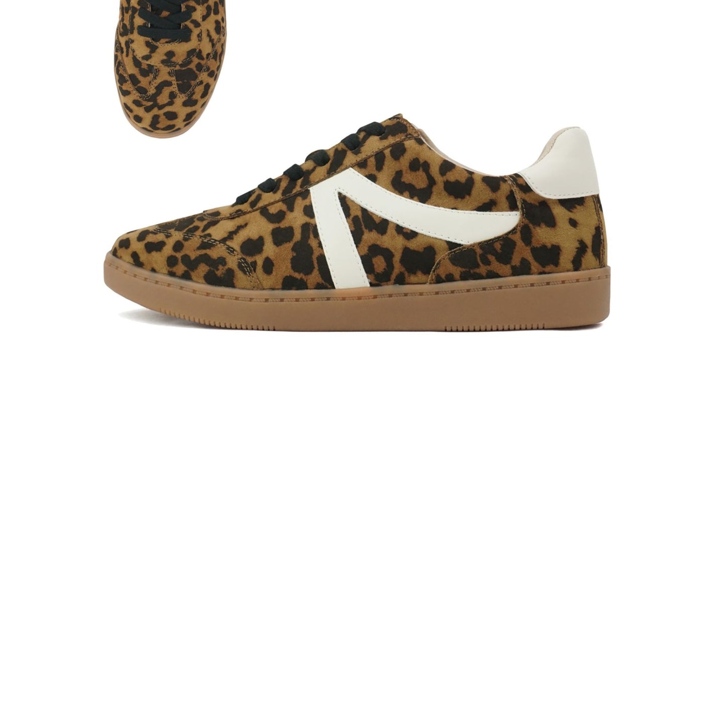 Leopard print sneaker with white accents on a white background