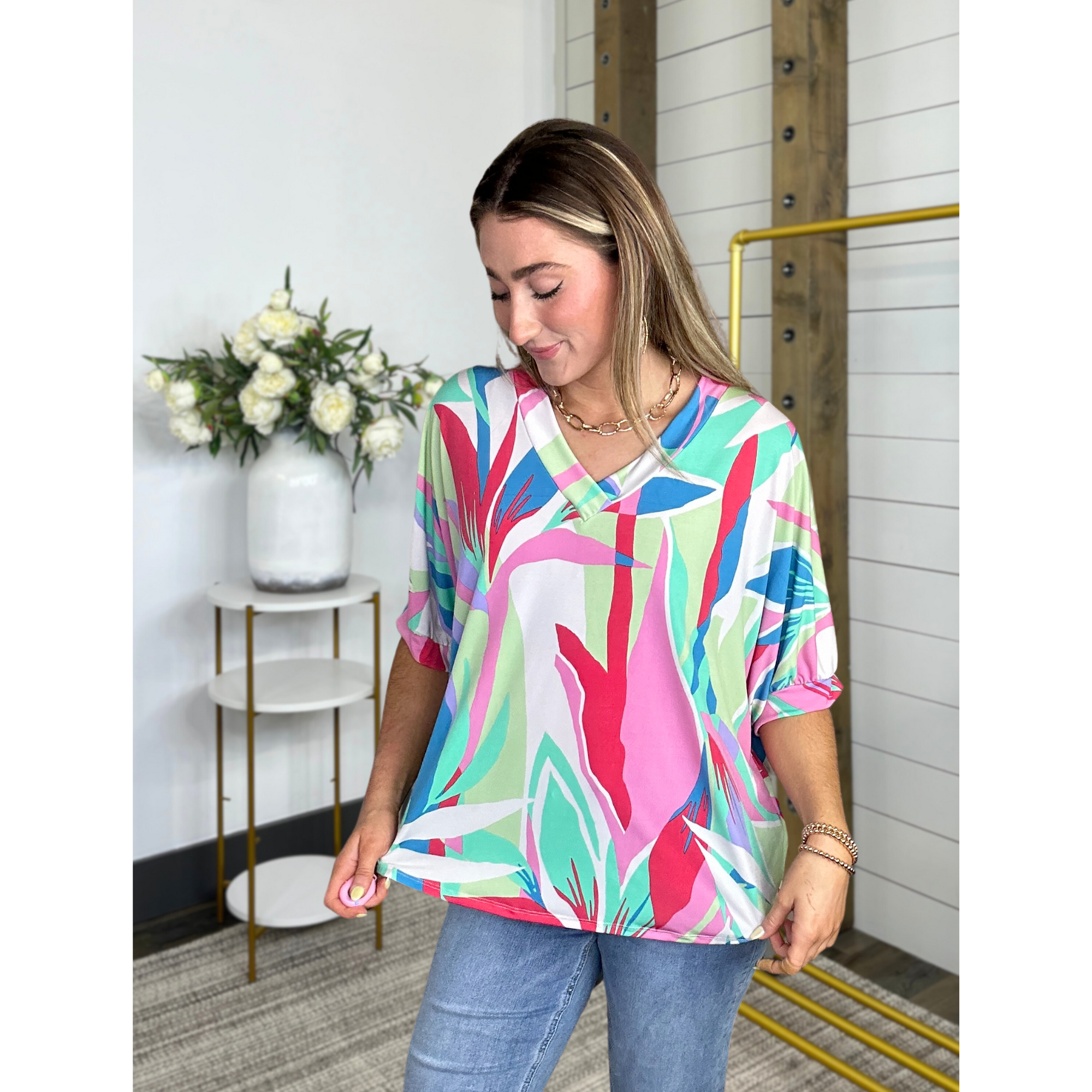Double Take Tropical Print Oversize Top