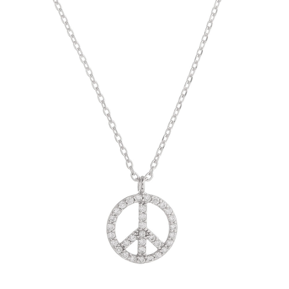 Dipped White Gold Rhinestone Peace Sign Pendant Necklace