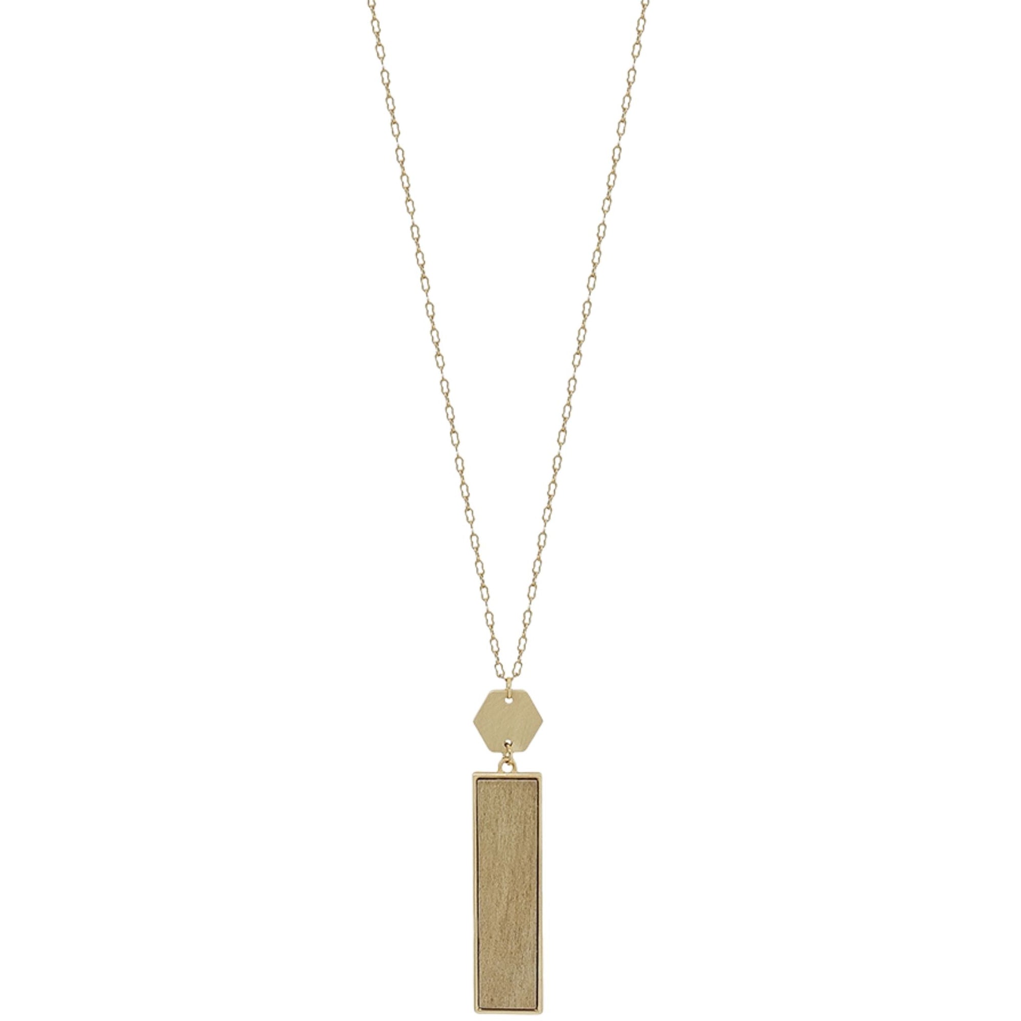 Long Necklace with Gold Hexagon and Wood Rectangle pendant