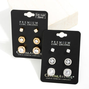 Set of 3 14K Gold Plated Premium Cubic Zirconia Stud Earrings