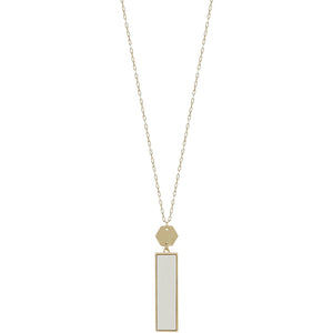 Long Necklace with Gold Hexagon and Wood Rectangle pendant