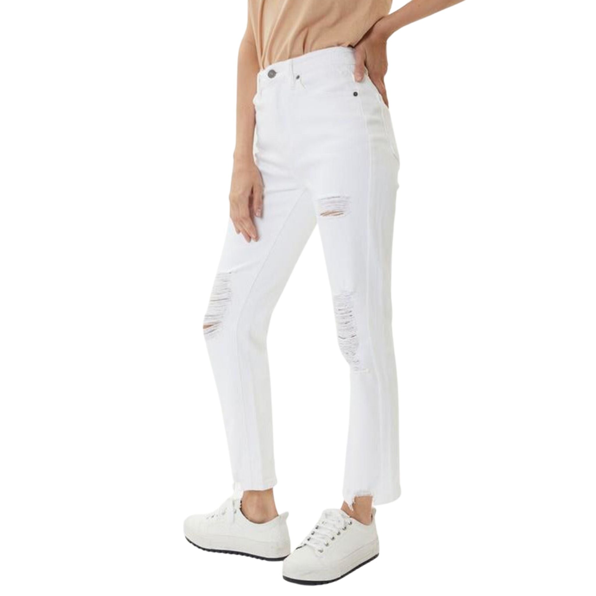Kan Can Straight Distressed White Jeans - Tiffany Lane Boutique