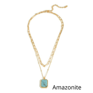 Layered Chain Link Necklace with Semi-Precious Pendant