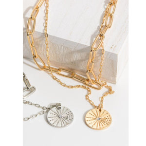 Layered Chain Link Necklace with Round Pendant