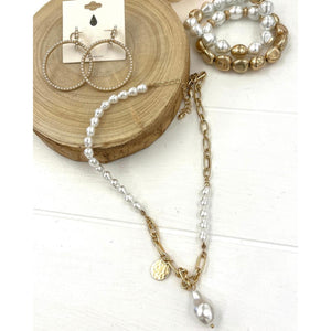 Mix Chain/Pearl Necklace with Hammered Coin and Teardrop Shell Pearl Pendants