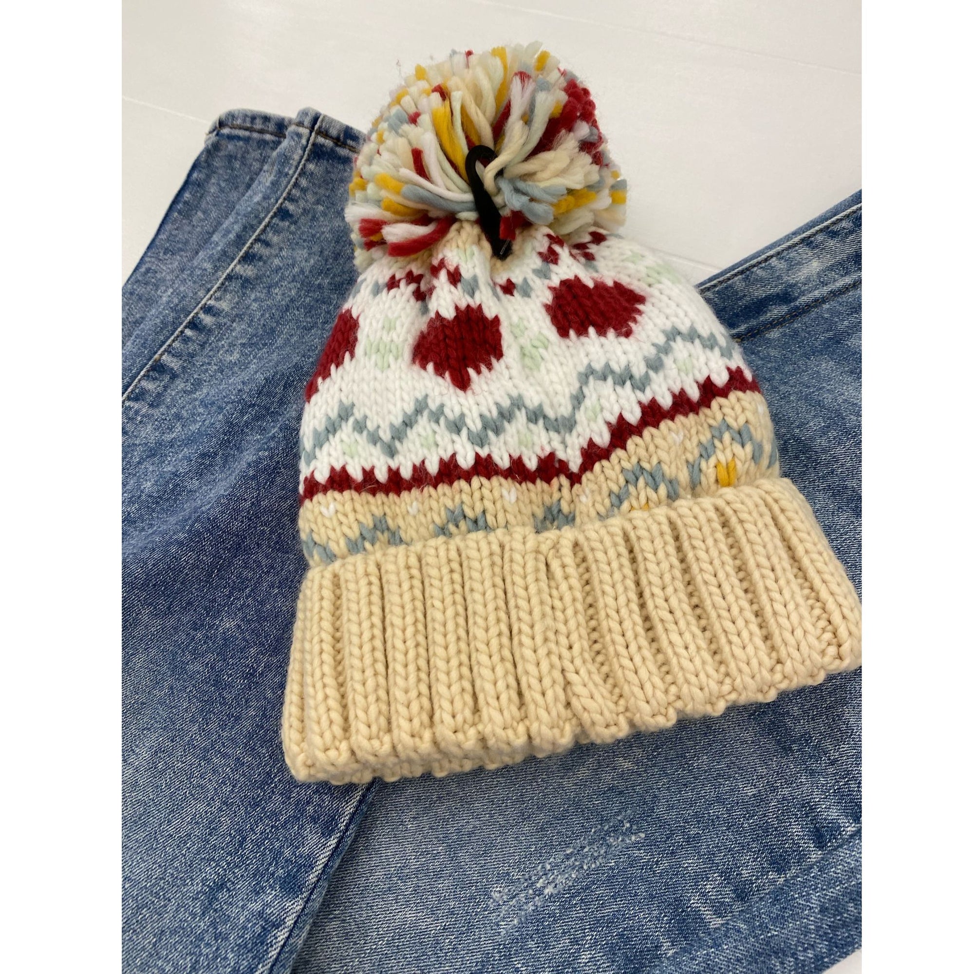 Multi-Colored Knit Heart Beanie with Pom