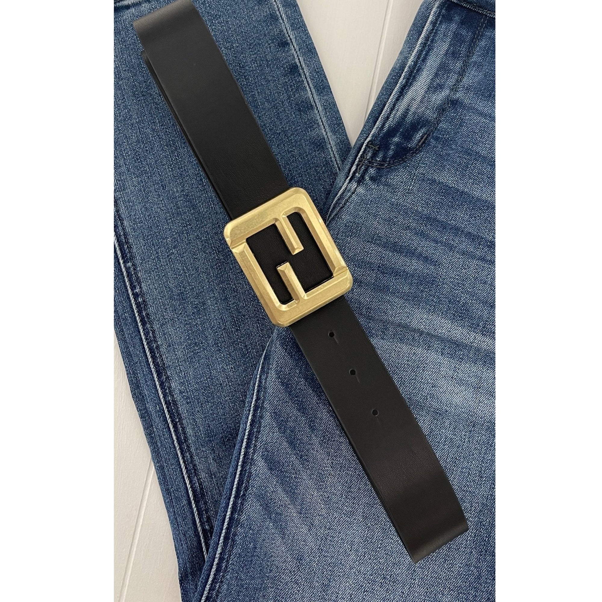 Metal Square Double F Buckle Faux Leather Belt