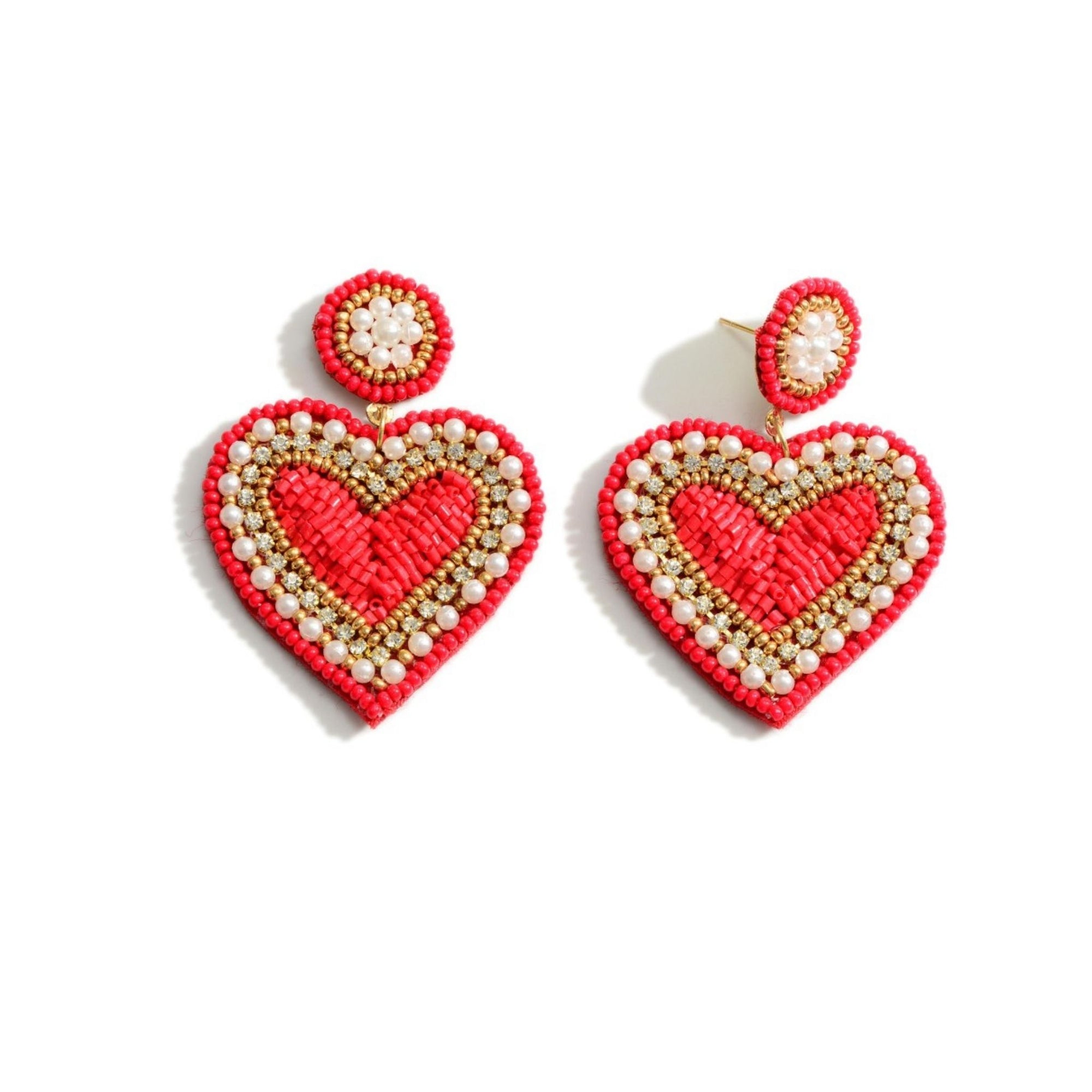 Seed Bead Heart Drop Earrings with Pearl Accents