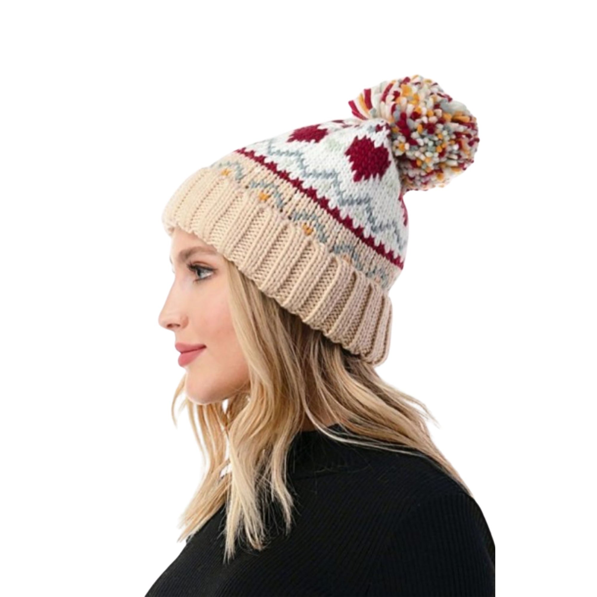 Multi-Colored Knit Heart Beanie with Pom