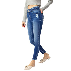 High Rise Double Button Skinny Jeans With Frayed Hem