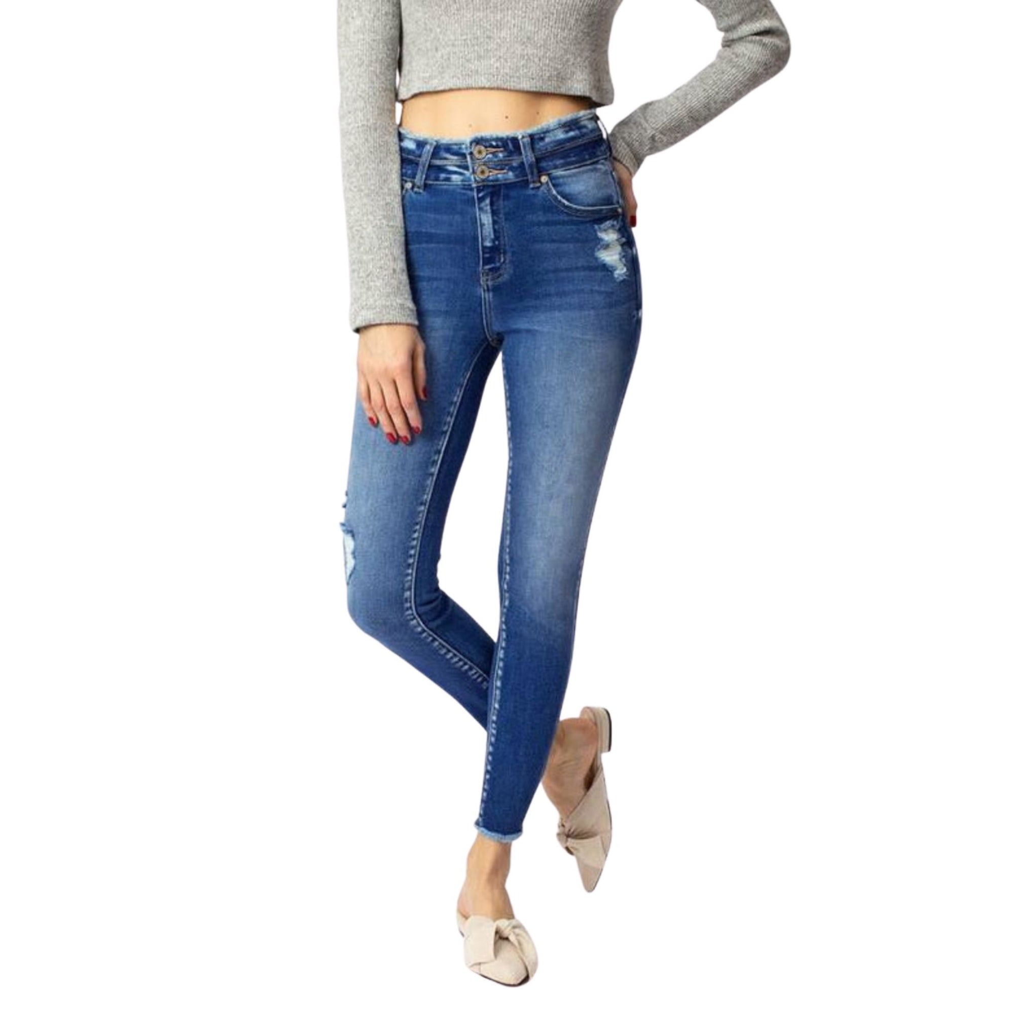 High Rise Double Button Skinny Jeans With Frayed Hem