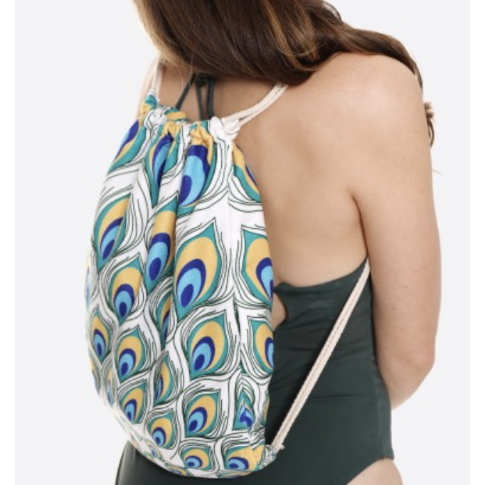 Geo Peacock Print Beach Towel Drawstring Bag All In One
