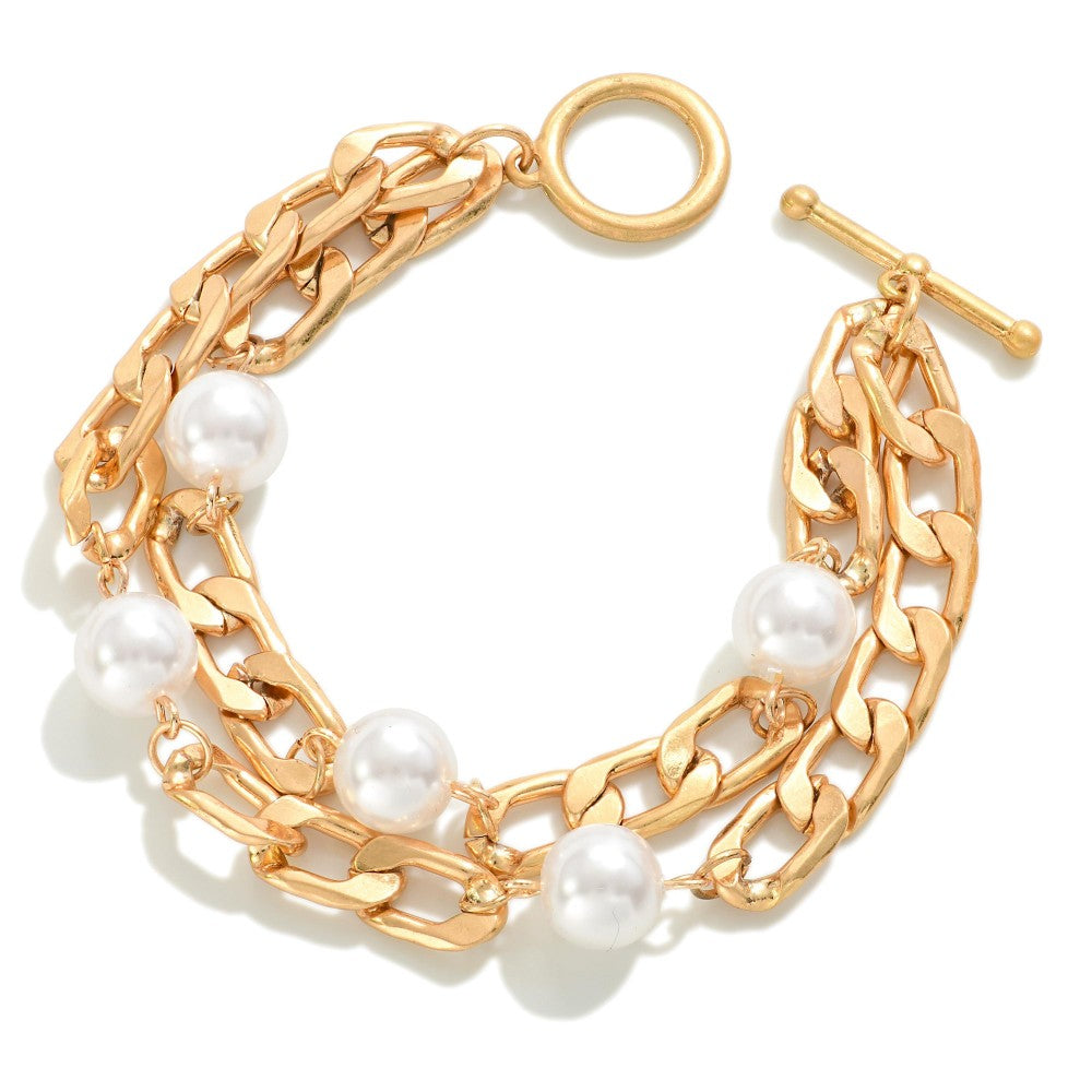 Double Layered Cuban Link T-Bar w/Pearl Stud