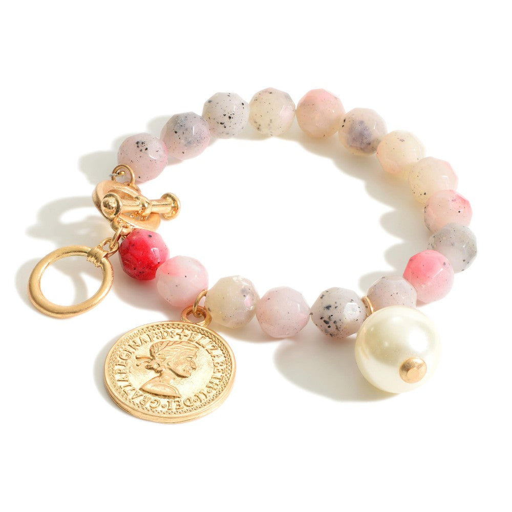 Beaded Bracelet Featuring Faux Pearl and Coin Accents
