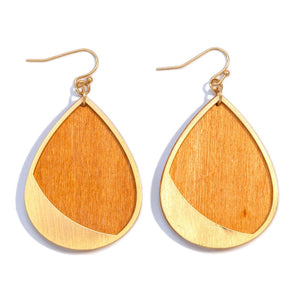 Oval Wood And Gold Tone Drop Earrings