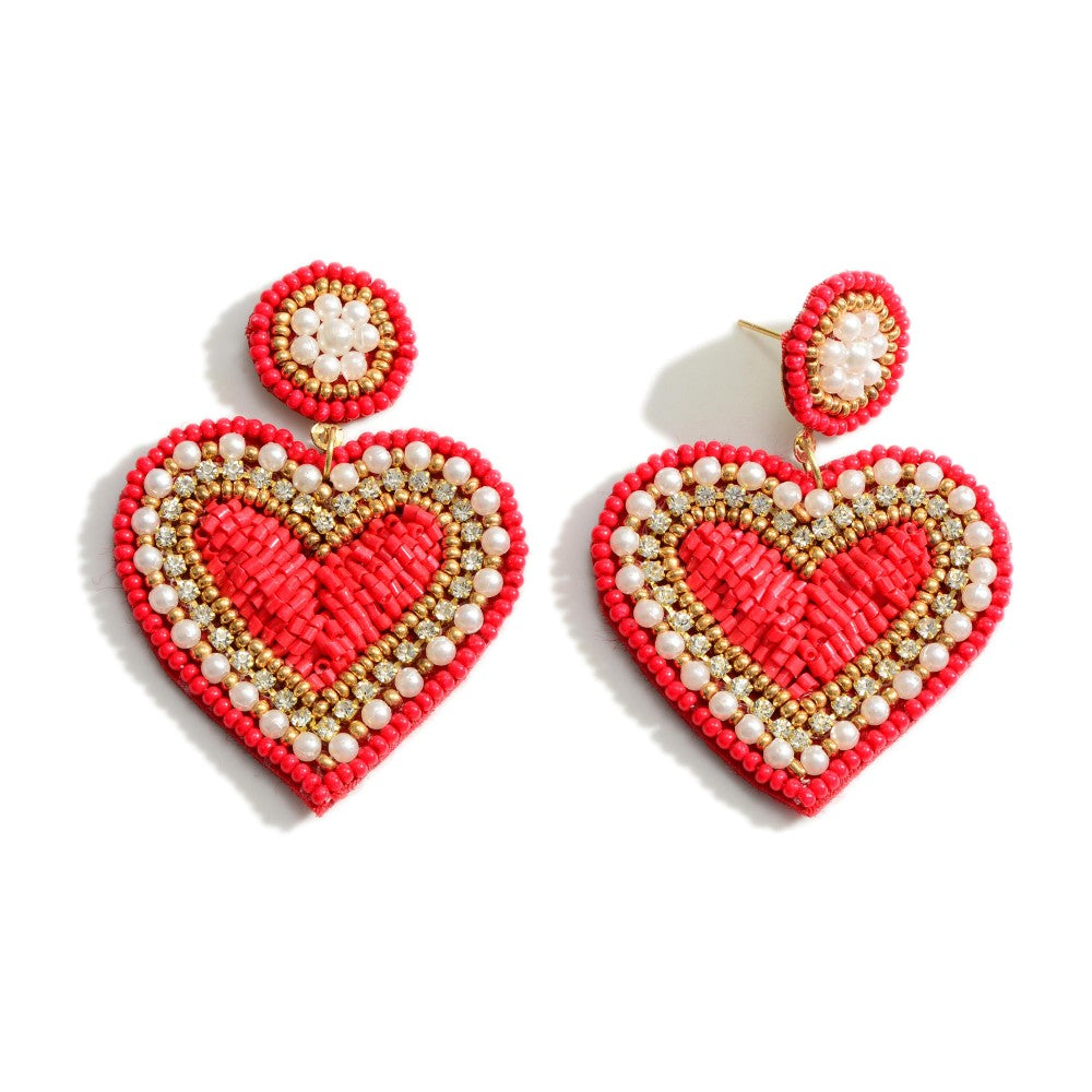 Seed Bead Heart Drop Earrings with Pearl Accents