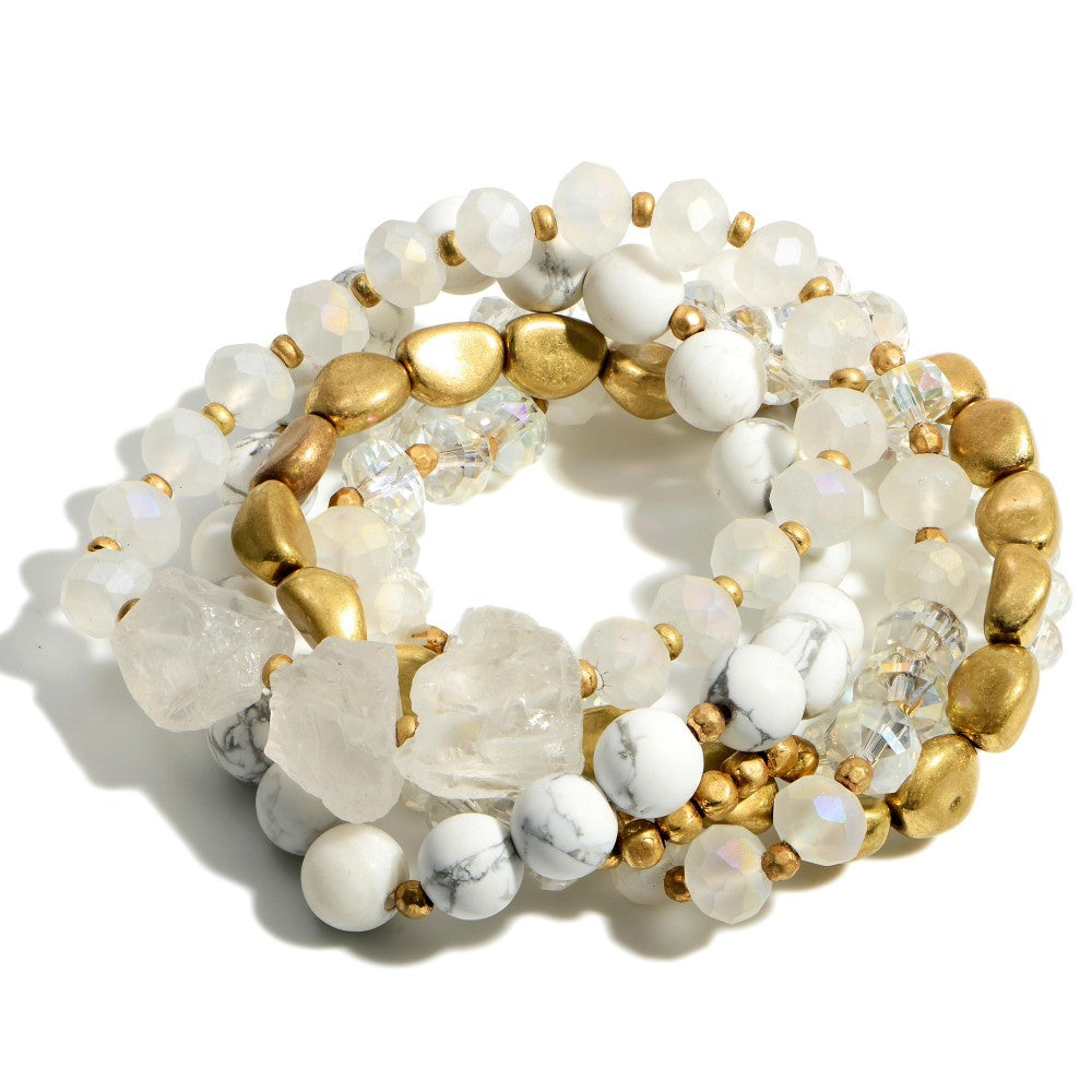 Set of Five Stone Beaded Bracelets with Crystal and Gold Accents