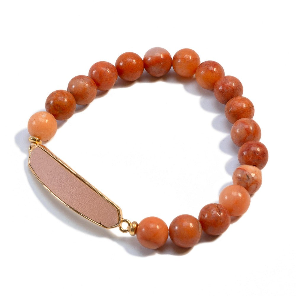 Semi-Precious Beaded Bracelet Featuring Leather Accented Bar