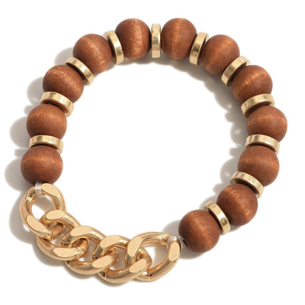 This Is It Wood Beaded Chain Link Stretch Bracelet