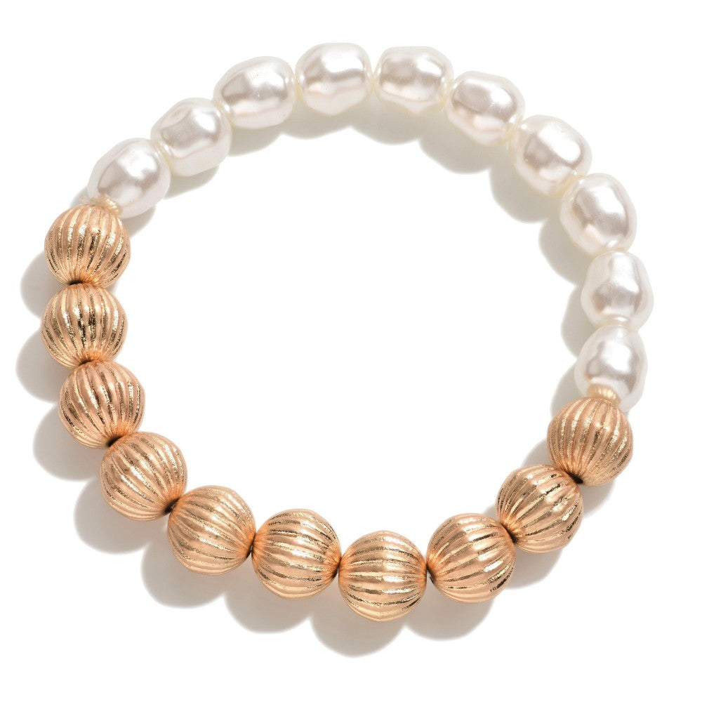 Pearl and Gold Tone Beaded Stretch Bracelet