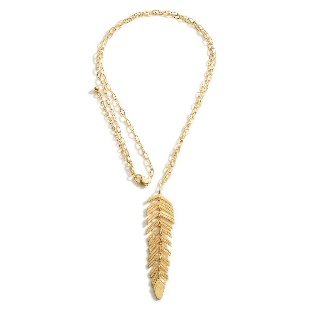 Long Petite Chain Link Necklace with Metal Feather Pend